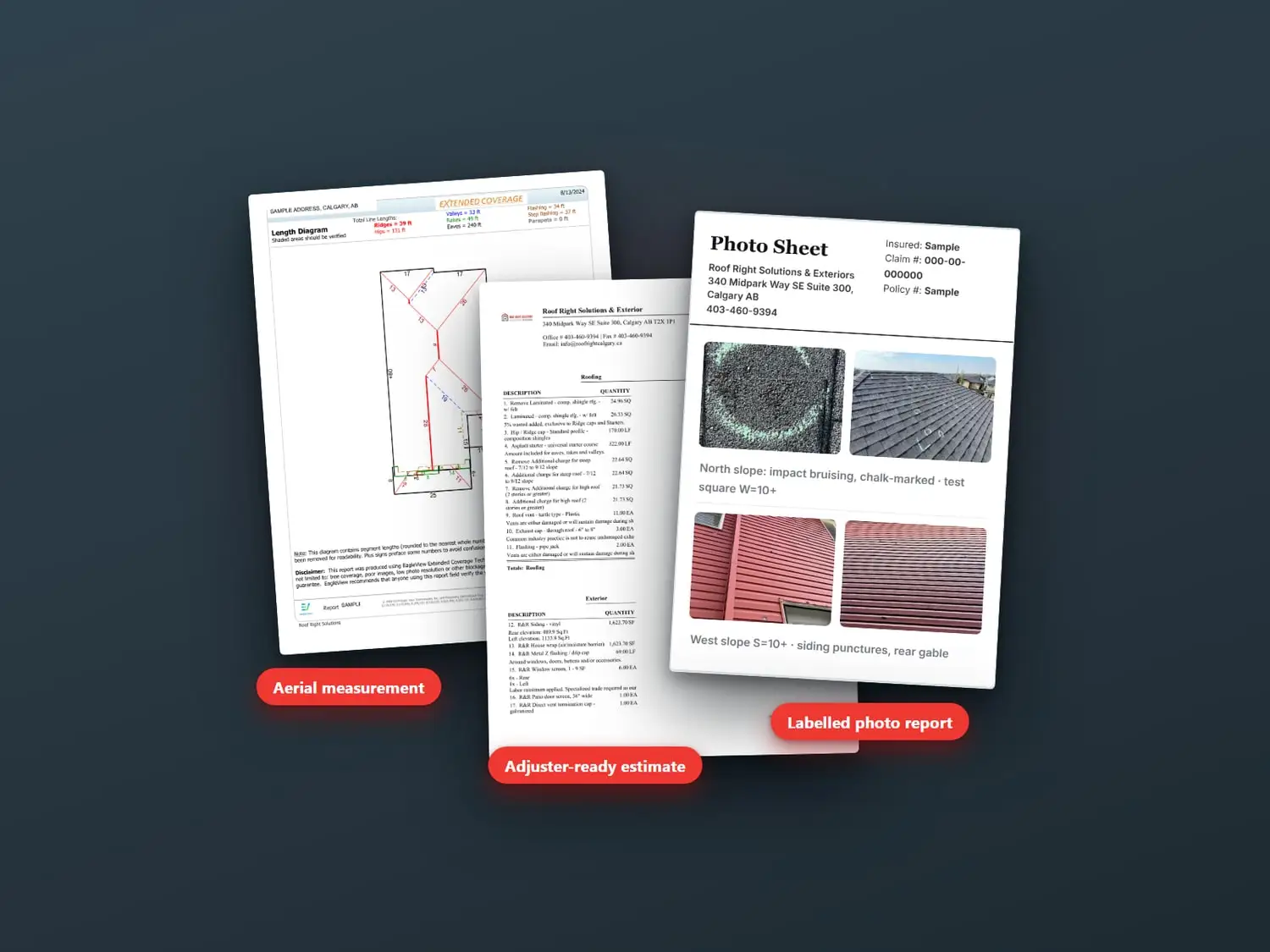 An aerial measurement report, a labelled photo sheet and an itemised estimate from a hail claim file