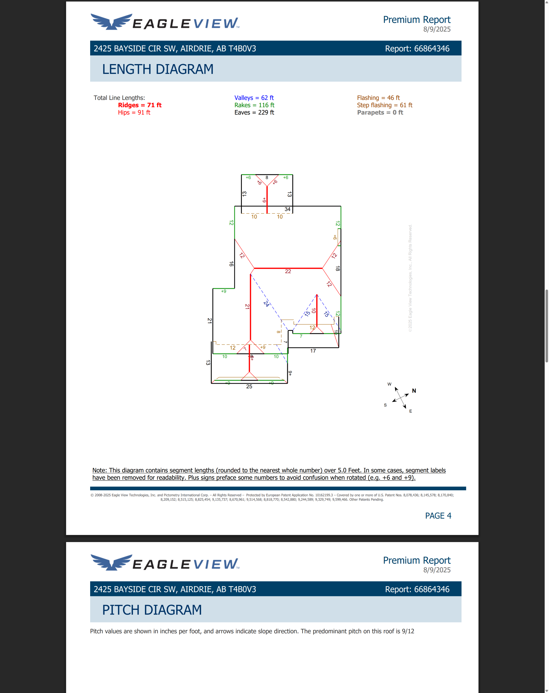 EagleView length diagram from a real Roof Right measurement report, sample identifiers