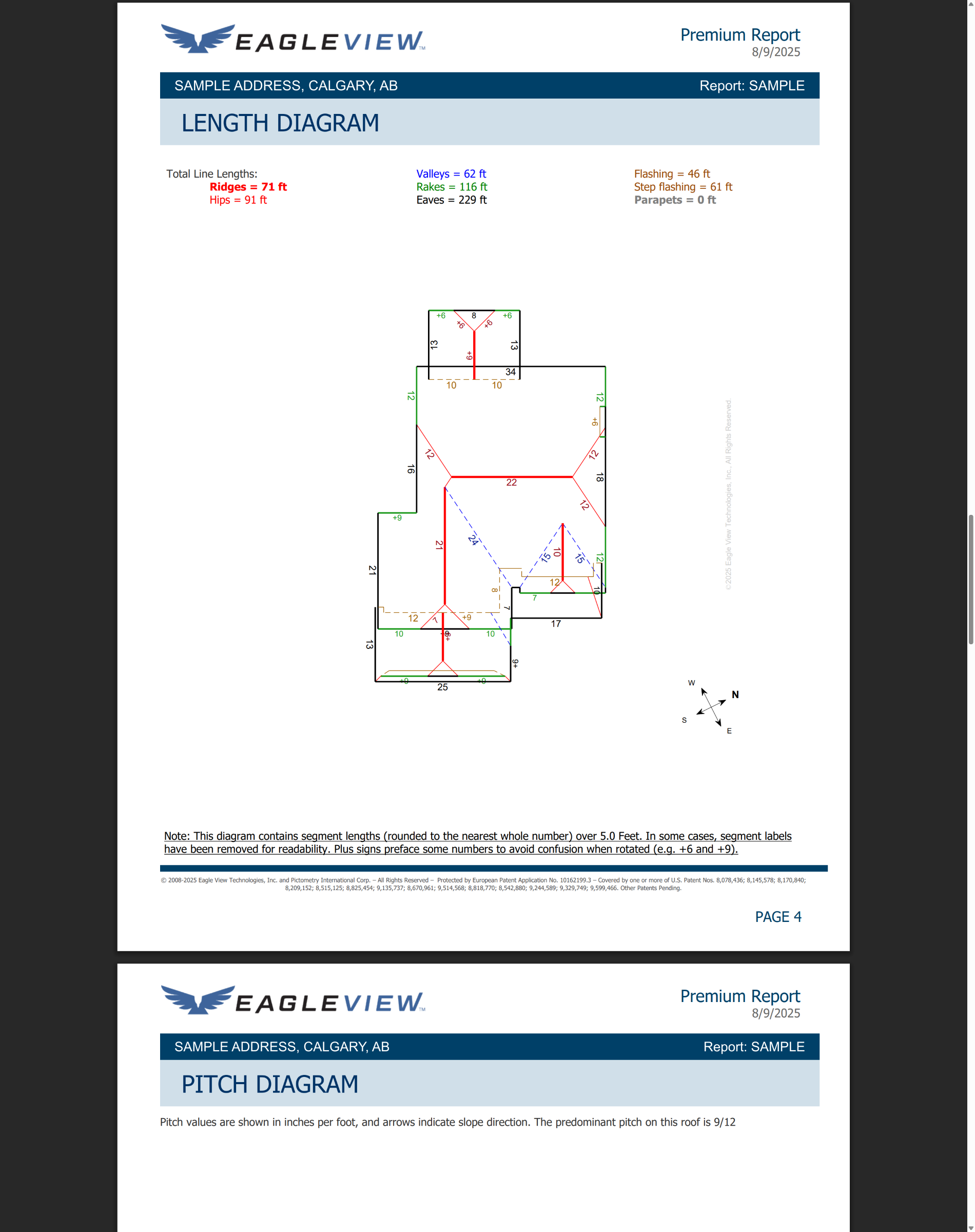 EagleView length diagram from a real Roof Right measurement report, sample identifiers
