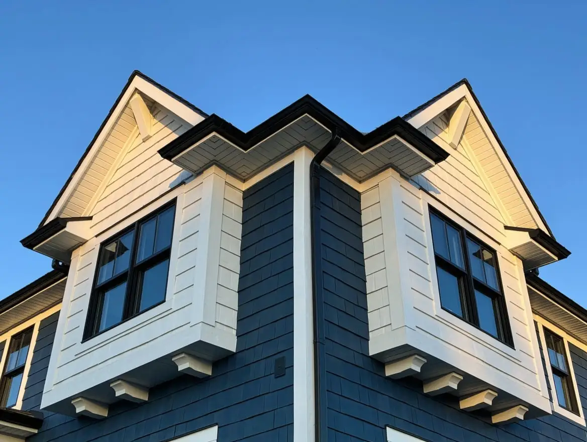 Fiber cement lap and shingle siding with white board and batten gables on a two-storey home