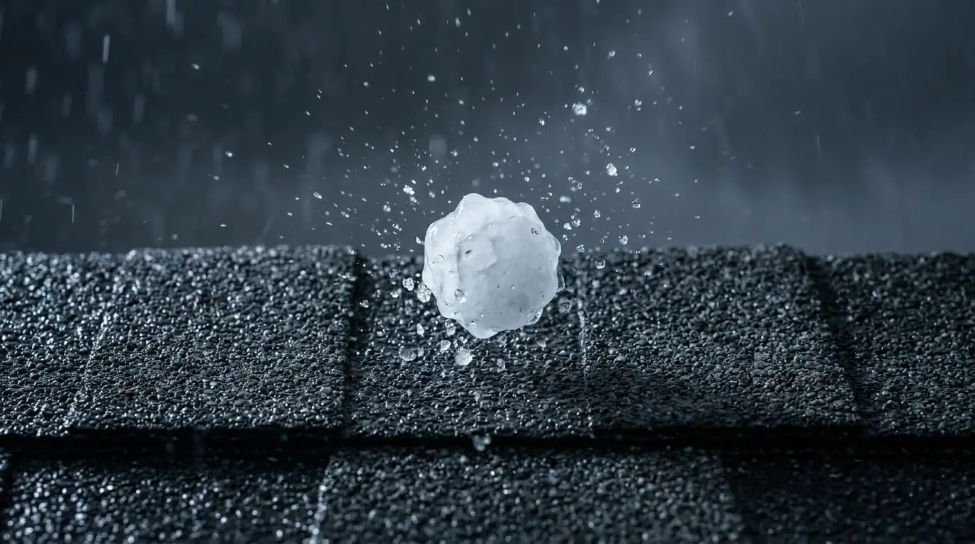 A hailstone striking asphalt shingles during a storm