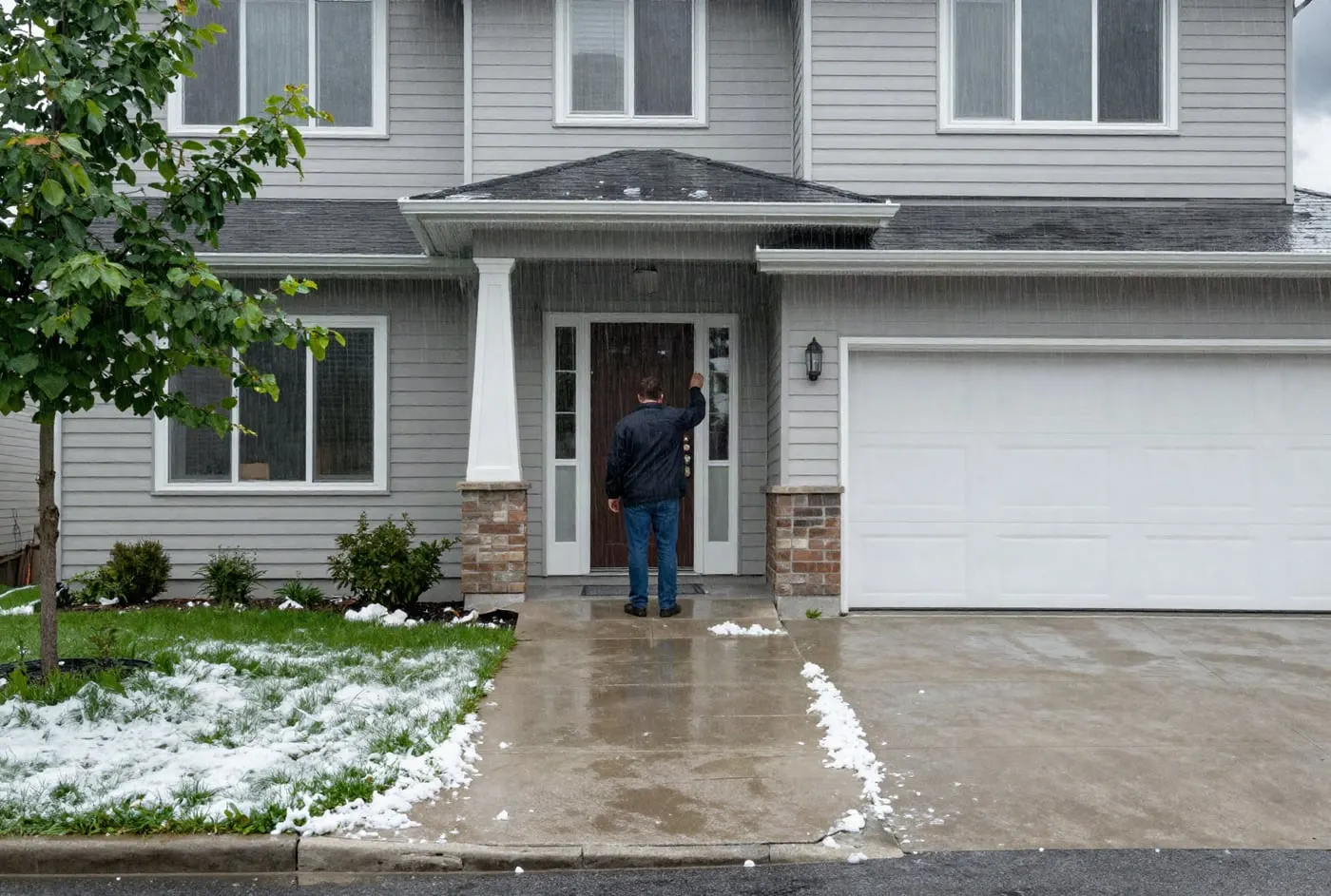 Someone in an unmarked jacket knocking on a suburban front door after a hailstorm, hailstones scattered across the walkway